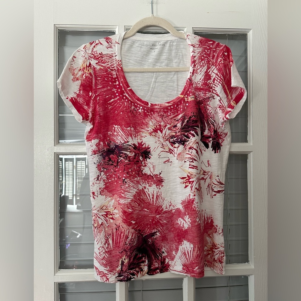 CALVIN KLEIN JEANS Women’s L Splatter Print Red White T-shirt | SKU 0855